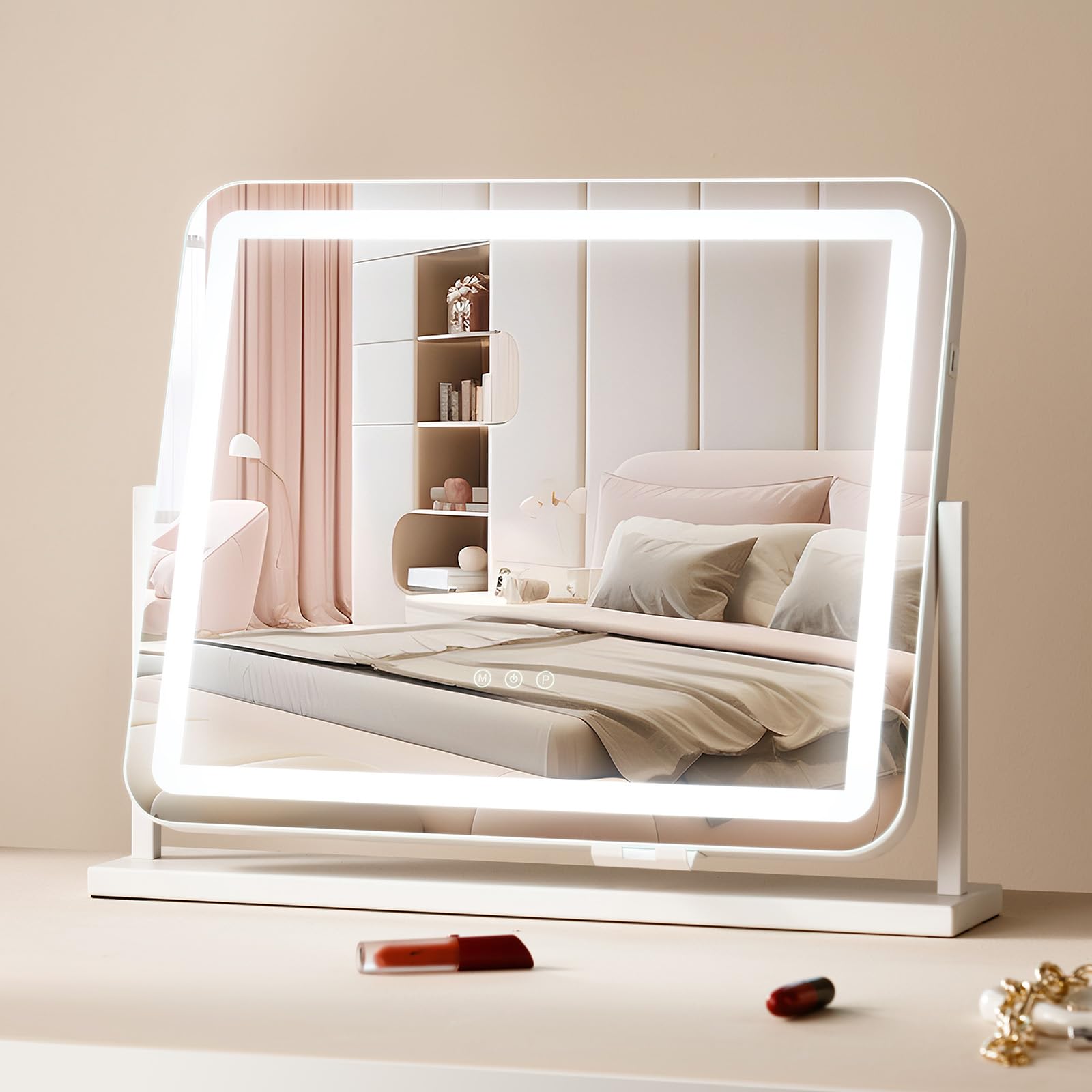 VEVOR Hollywood Schminkspiegel mit Beleuchtung, Kosmetikspiegel mit 3 Farbbeleuchtungsmodi, Schminkspiegel mit LEDs & 5-facher Vergrößerung, USB, Smart-Touch-Steuerung, 360°-Drehbar, 547x447mm