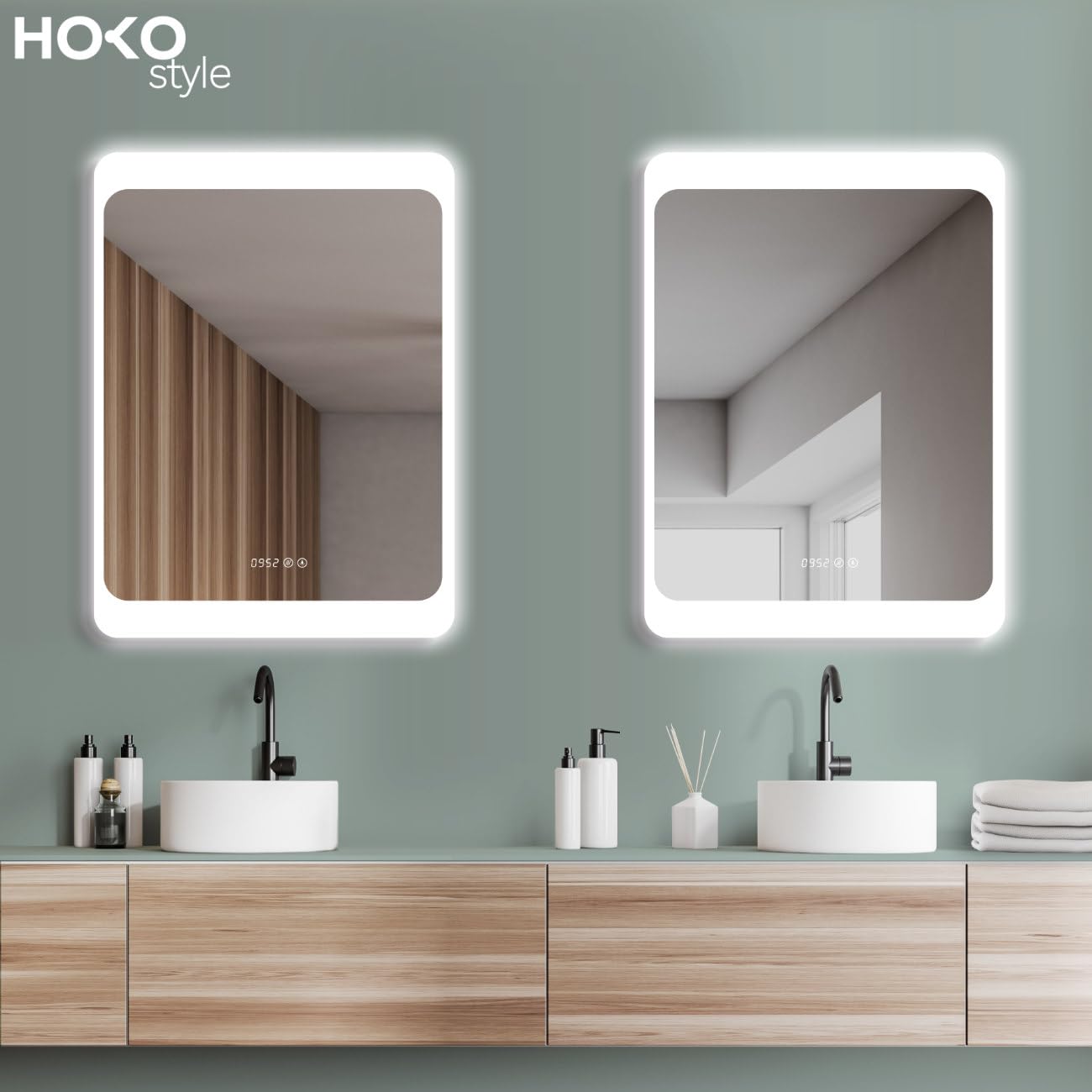 HOKO® Specchio-Bagno-con-Luce 60x80cm con Antiappannamento e Riscaldamento dello Specchio+Orologio Digitale. Interruttore Tattile+Luce LED Variabile Caldo-Freddo-Neutro 2700-6500k