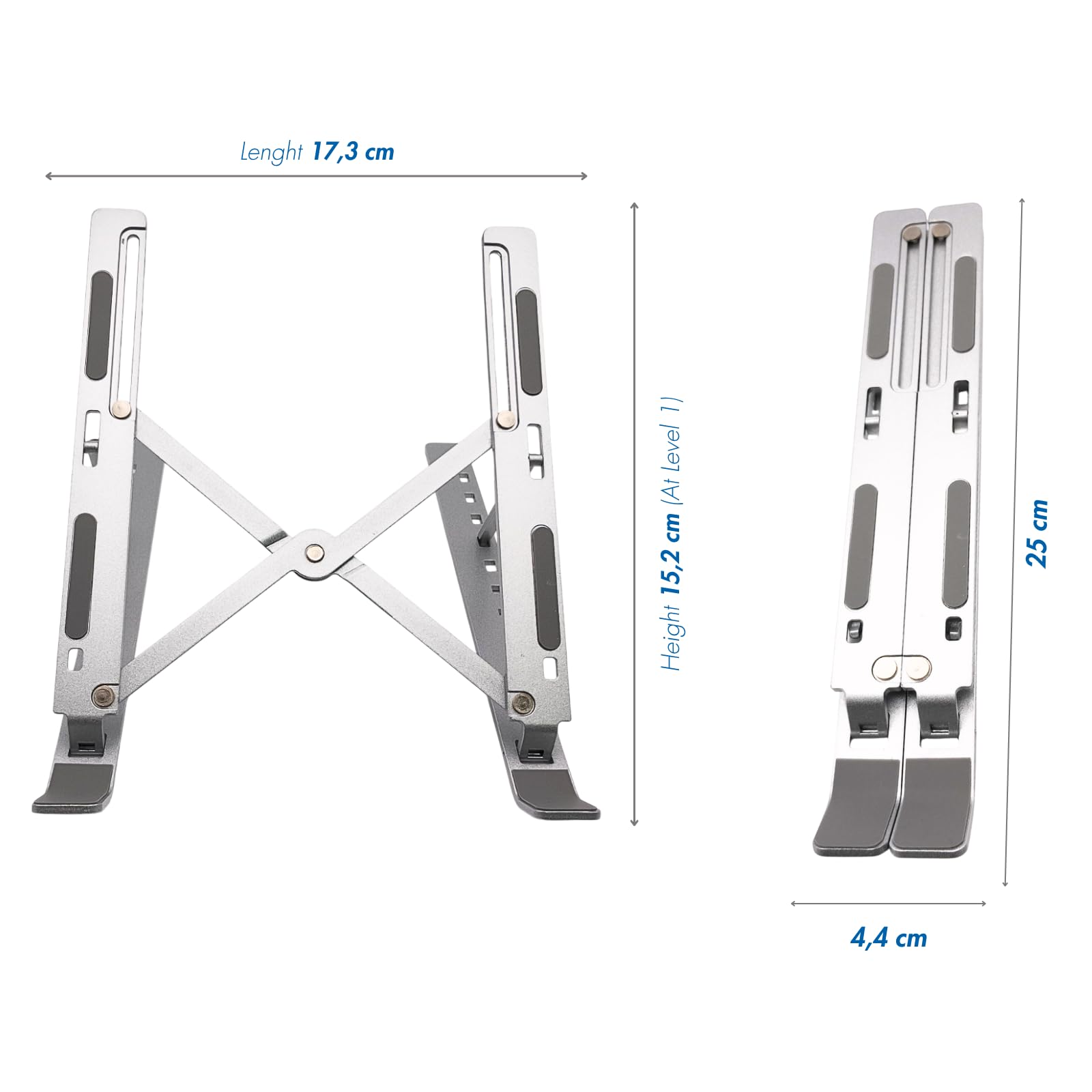Dohe - Support Ordinateur Portable - Réglable sur 7 Niveaux, Antidérapant, Fabriqué en Aluminium Résistant, Compatible 13-15.6”, Inclinaison 15-45º, Couleur Argent