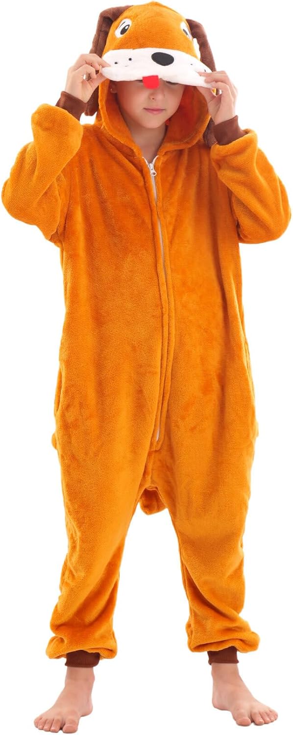 Animal Onesie Costumes for Kids Cosplay Halloween Boys Girls Warm Plush One Piece Brown Dog - Image 5