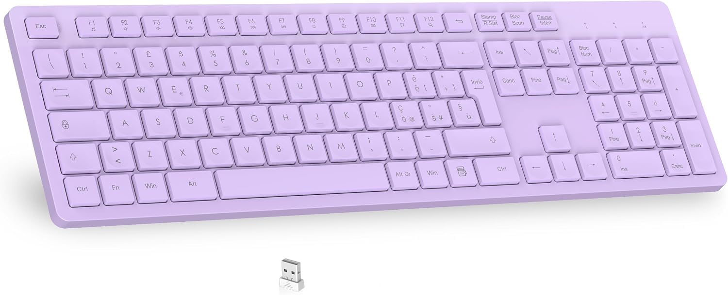 LeadsaiL Tastiera Wireless, Wireless Keyboard Full Size, Italiano QWERTY Layout Ergonomico USB 2.4Ghz con Tastierino Numerico per PC, Laptop, Mac OS, Macbook Pro/Air, Windows-Lavender
