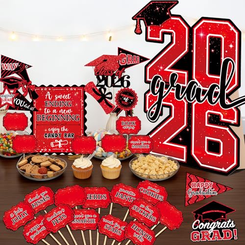 READIGO 2026 Graduation Candy Buffet Decorations Black Red Graduation Candy Bar Signs and Food Labels Set with 2026 Cardstock Standee for Grad Party Dessert Table