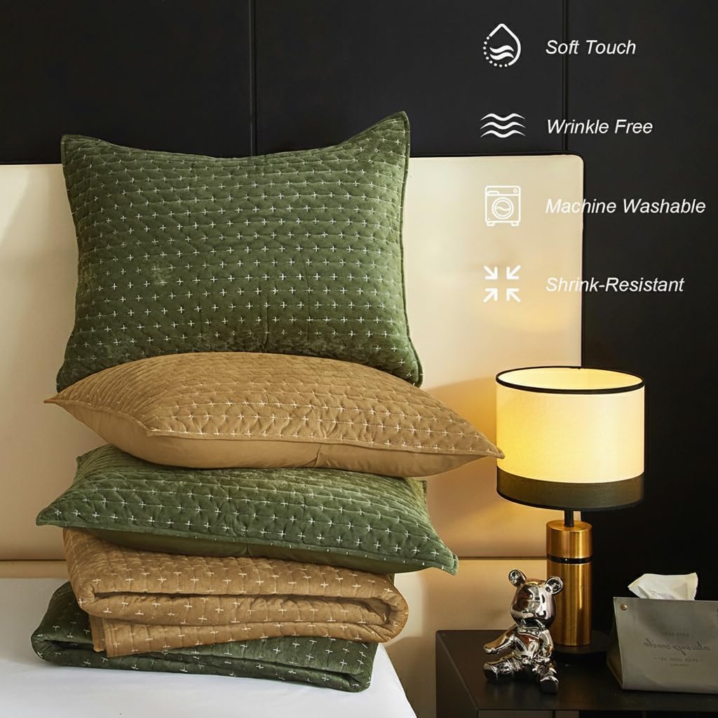 Powdion Velvet Quilt Queen, Oversized Bedspread Quilted Bedding Set, Luxurious Soft Coverlet Set Lightweight Velvet Comforter with 2 Pillow Shams,Brwon, 90x96 Cross Stitch Striped Quilt Queen