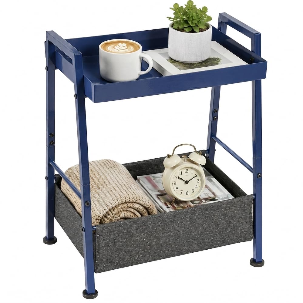 ZEXVIDA Small End Table with Fabric Storage Basket, 2-Tier Modern Metal Side Table with Tray Top, Unique Side Tables, Cute Coffee Table for Living Room, Bedroom, and Small Spaces, Navy Blue