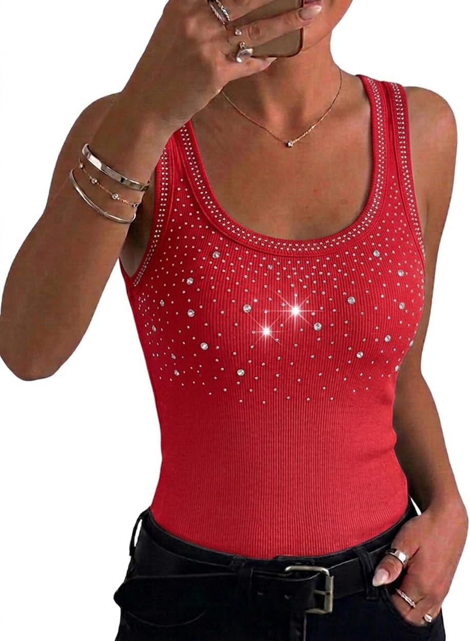 CHICME Womens Sleeveless U Neck Tank Top Rhinestone Ribbed Fitted Shirts Cute Summer Going Out Clothes 2026