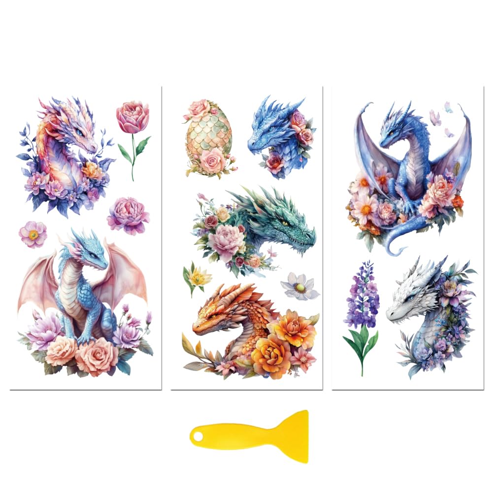 Peacoblue Rub on Transfer Decal Sticker for Furniture Craft Decor 6"x12" Flowers and Dragons, 3Pcs Waterproof UV DTF Transfer for Drawer Dresser Glass