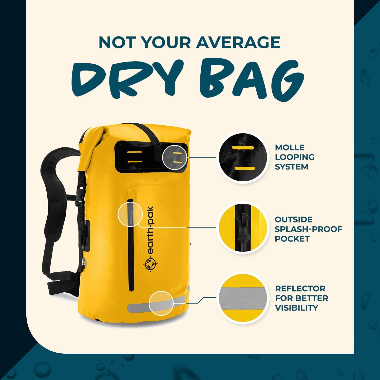 Earth Pak Waterproof Backpack - Heavy Duty Roll-Top Closure with Easy Access Front-Zippered Pocket and Cushioned Padded Back Panel for Comfort with IPX8 Waterproof Phone Case