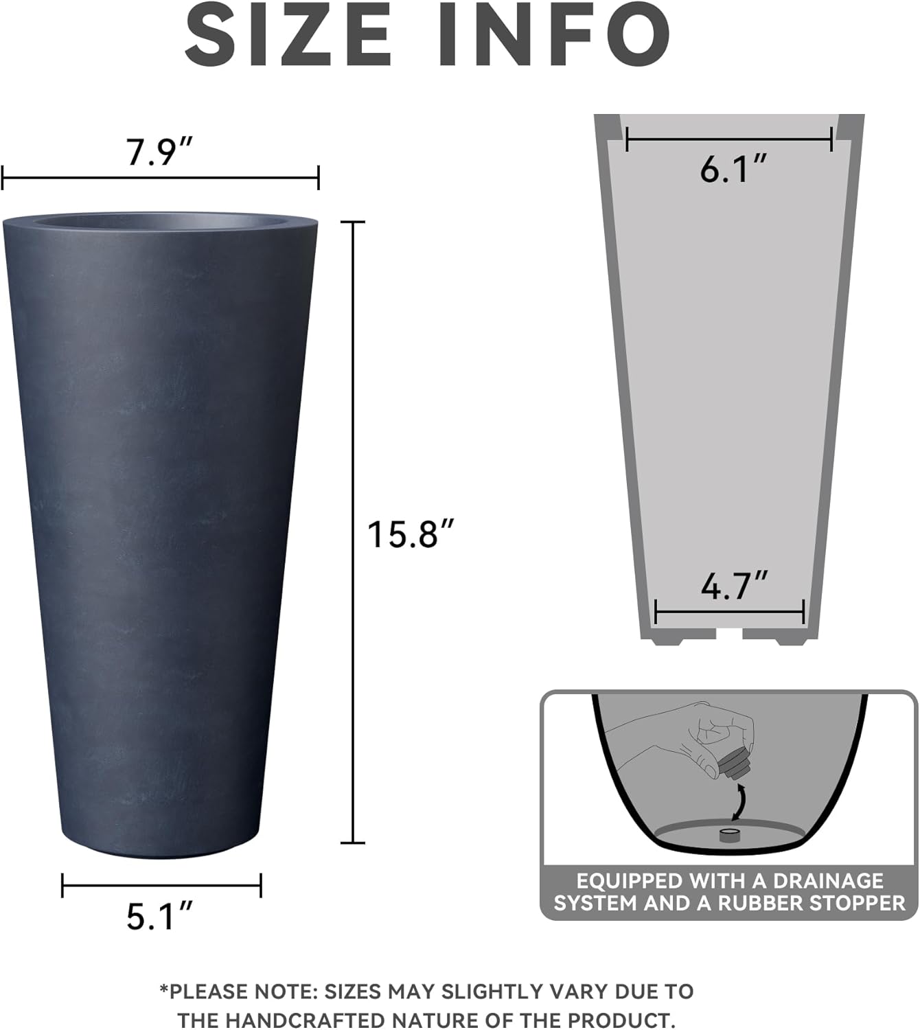Kante Tall Concrete Planter, 15.8 Inch Height Large Flower Pot for Indoor Outdoor Plants, Suitable for Home, Patio, Garden, Porch, Charcoal