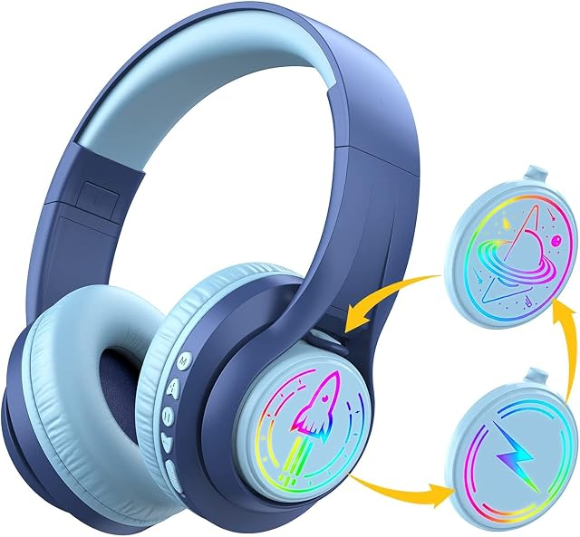 iClever TransNova Kids Bluetooth Headphones Light Up with Replaceable Plate, 74/85/94dB Volume Limited, 45H Playtime, Stereo Sound, Wireless Kids Headphones with Mic for School/Airplane/Tablet