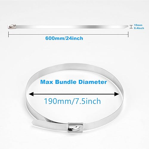 Miniatura 3 de Bridas de metal de 24 pulgadas, bridas de acero inoxidable largas, 20 bridas de correa autobloqueante resistentes, bridas de acero para cables, 500