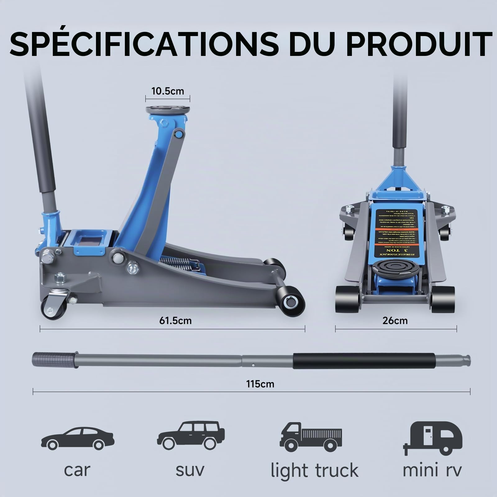 LARBANKE Cric hydraulique à profil bas de 3 tonnes pour voiture, construit en aluminium et acier durables, cric de sol avec double système de pompe pour un levage rapide, capacité de 2993,7 kg, plage