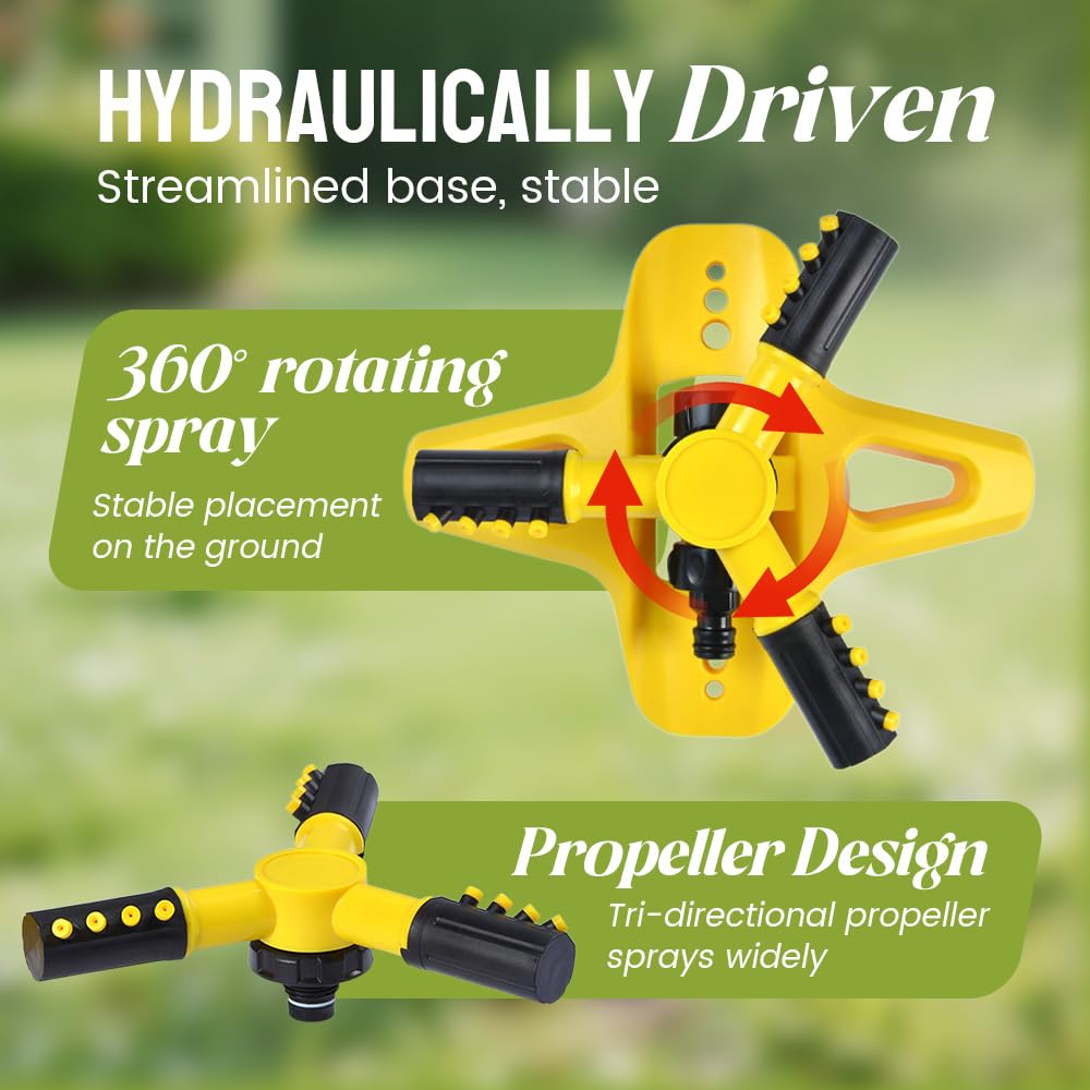Irrigatori da giardino, irrigatore rotante automatico a 360 gradi con 3 bracci regolabili a spruzzo, facile da installare per innaffiare prati, piante e verdure, grande copertura