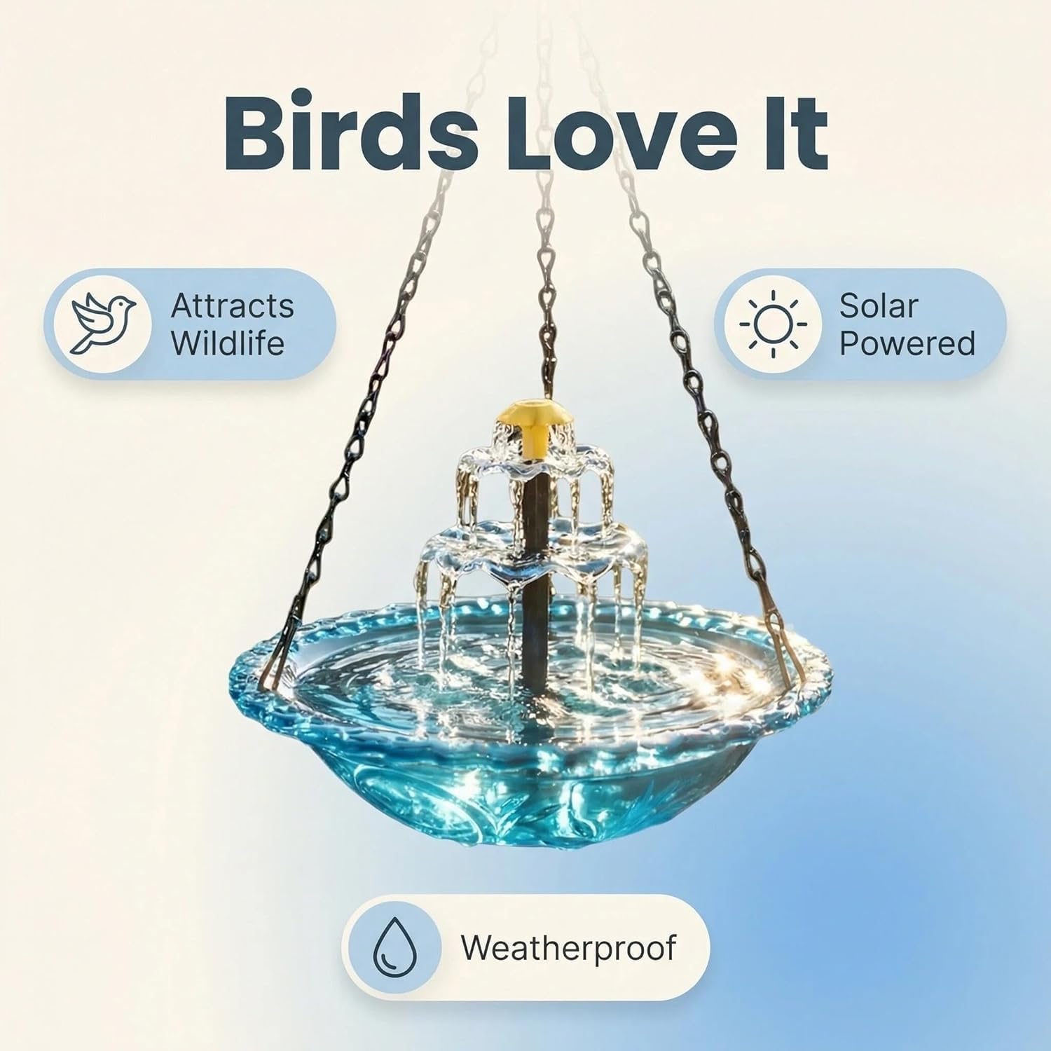 Solar Cascade Hanging Bird Bath Fountain, 3 Layers Glass Bowl with Solar Powered Water Pump, Weatherproof Outdoor Water Feature for Wild Birds & Hummingbirds (Double Layer - Blue)
