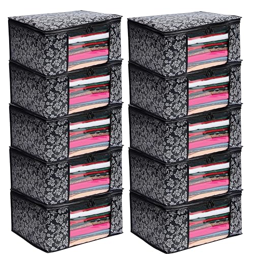 Image of Flower Printed Saree Covers for Cloth Storage & Wardrobe | Transparent Window, Zipper Closure | Black | Pack of 10 | saree bag | Dustproof, Breathable, Travel & Home Use