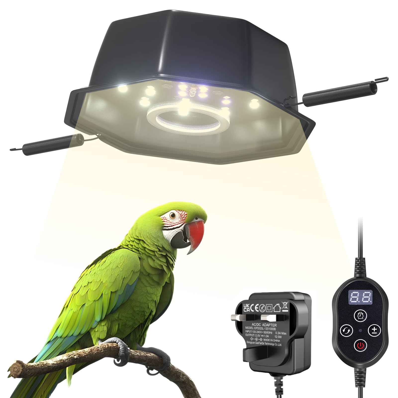 GlowUp 10W Bird Cage Light, Full Spectrum Light for Birds with Chew Guard, UVB2.4 Dimmable Octagonal LED Light Fixture with Plug and Controller, Bird Cage Accessories for Captive Birds Parrots