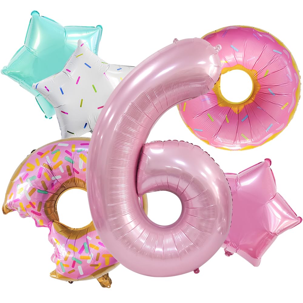 Two Sweet Birthday Decorations, 6 PC Dokuna Donut Balloons 6th Birthday Decorations for Girls, Giant Number 6 Foil Mylar Balloon, 6 Years Old Donut