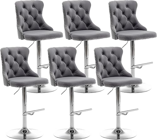 Miniatura 13 de Juego de 2 taburetes de bar de terciopelo, taburetes de bar giratorios de altura de mostrador con ribete de cabezas de clavos y botón, taburetes de