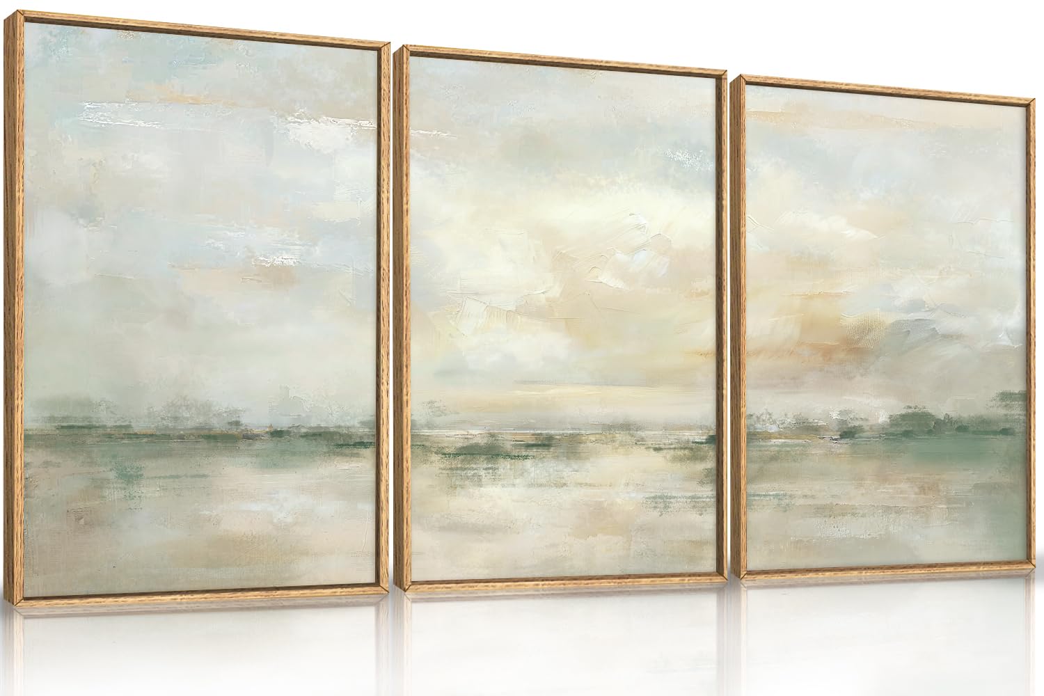 LHIUEM Large Abstract Green Gray Pastel Framed Canvas Wall Art,Neutral Landscape Wall Decor,Modern Watercolor Lake Artwork,Beige Textured