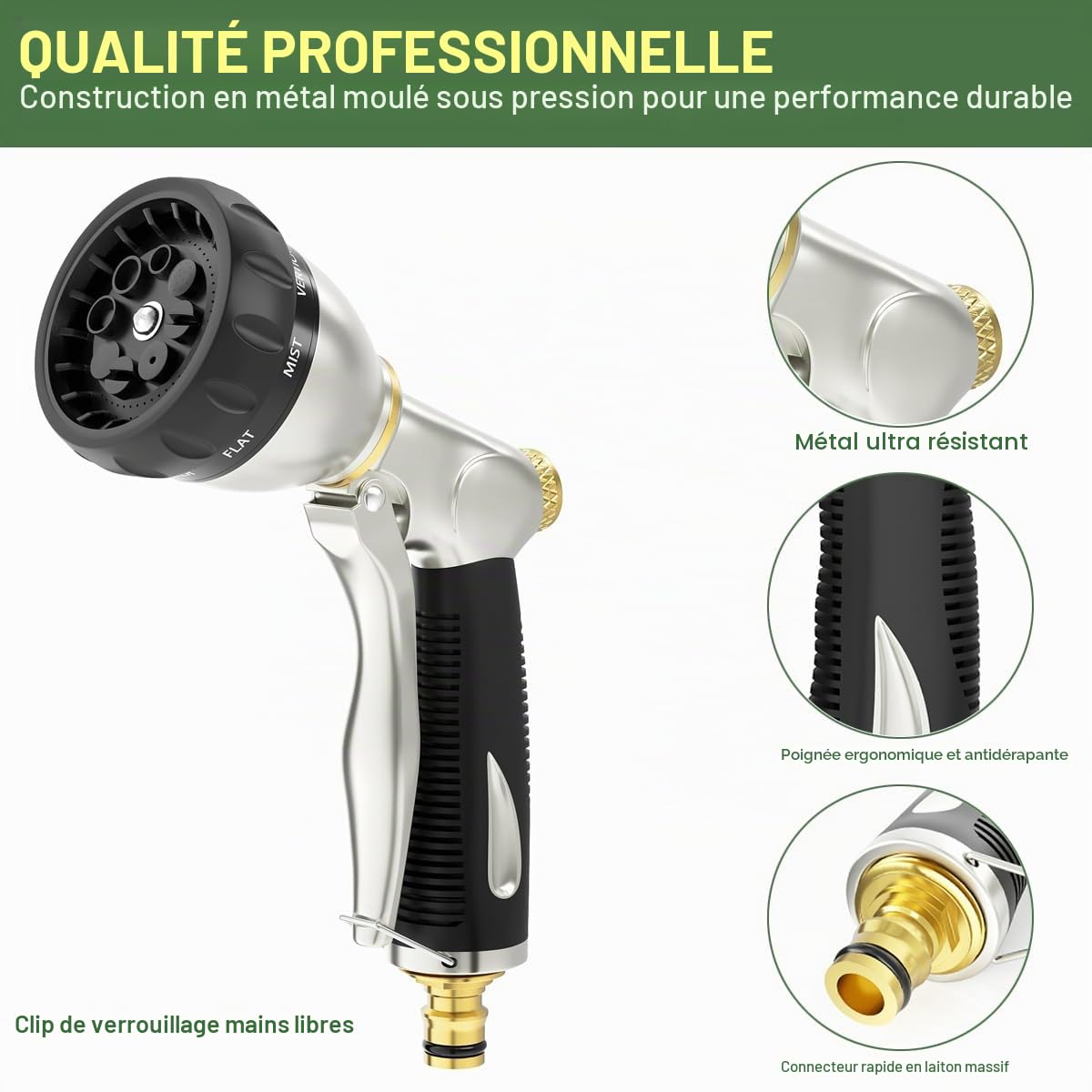 FANHAO pistolet arrosage 100% métallique avec 8 modes de pulvérisation réglables,pistolets d'arrosage haute pression avec poignée antidérapante pour arroser les plantes et les pelouses-Noir