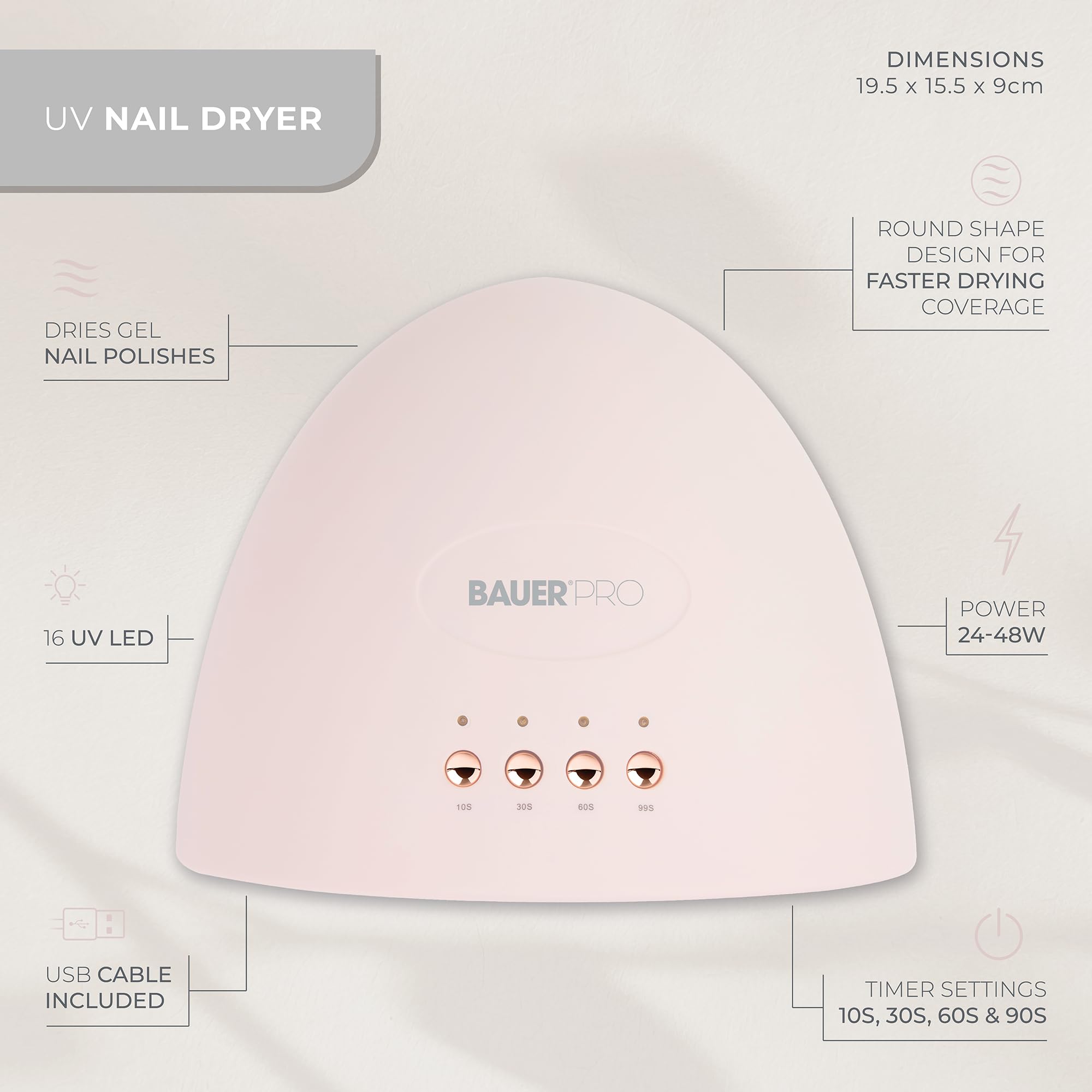 Bauer Professional UV Nail Lamp LED Gel Nail Dryer / 24W Portable Nail Light with 4 Timer Settings/Dual Wavelength USB Powered Curing Lamp for Gel Polish & Nail Art 38699 - Image 2