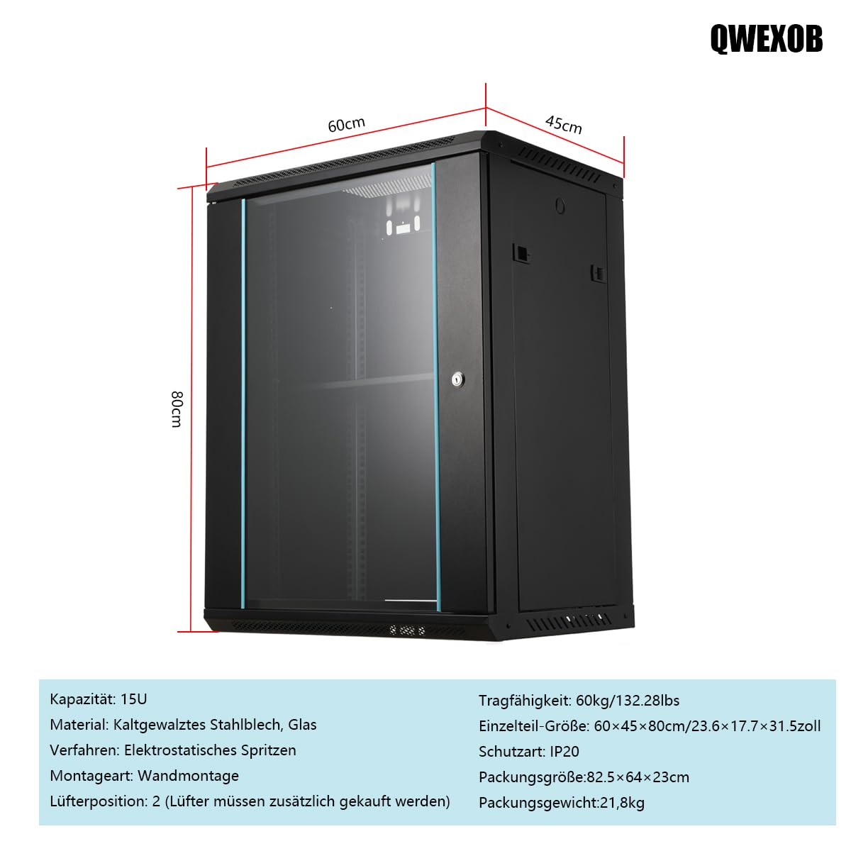 15U Netzwerk-Schrank 60x45x80cm Wandmontage Traglast 60kg | Glastür, schwarz, für Router und Switches.