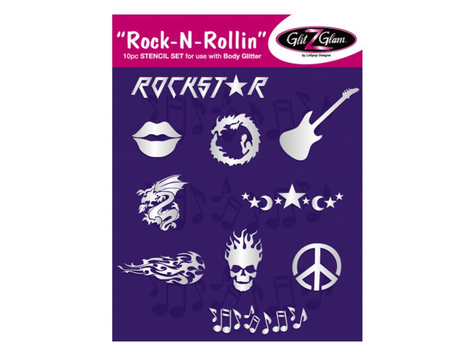 Rock-N-Rollin Glitzer-Tattoo Schablonen Set – 10 Temporär-Tattoos, Wasserfest, Für Kinder & Erwachsene