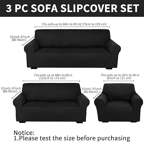 Miniatura 2 de Peryiter Juego de 3 fundas para muebles de sofá, sofá biplaza, sillón, sillón, ajuste elástico, sin arrugas, protector de muebles (negro, elastano