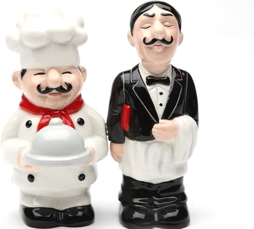 Pacific Trading Chef and Waiter - Juego de salero y pimentero de cerámica, 3.4 pulgadas