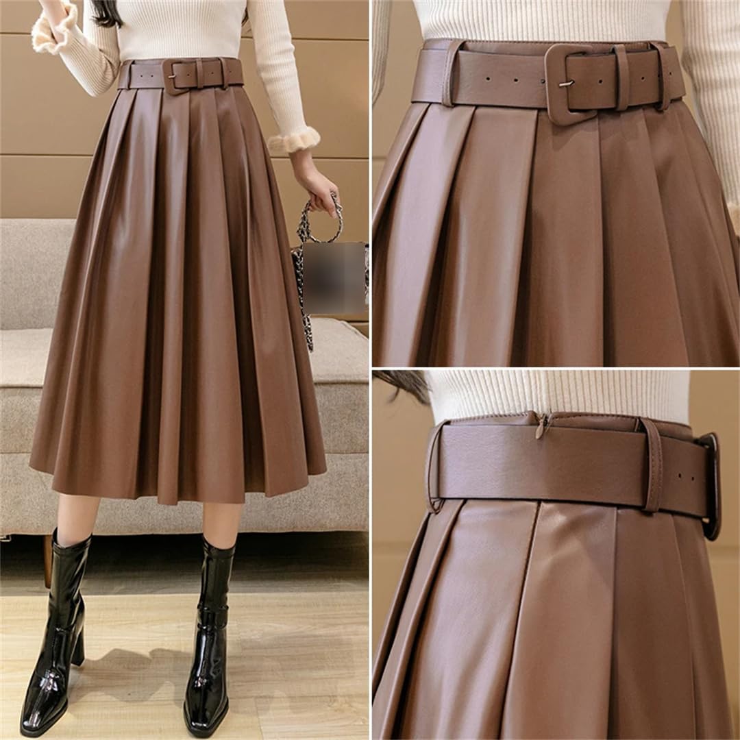 Otoño Invierno PU Cuero de Imitación Mujeres Faldas Largas Cintura Alta Paraguas Vintage Falda de Línea A