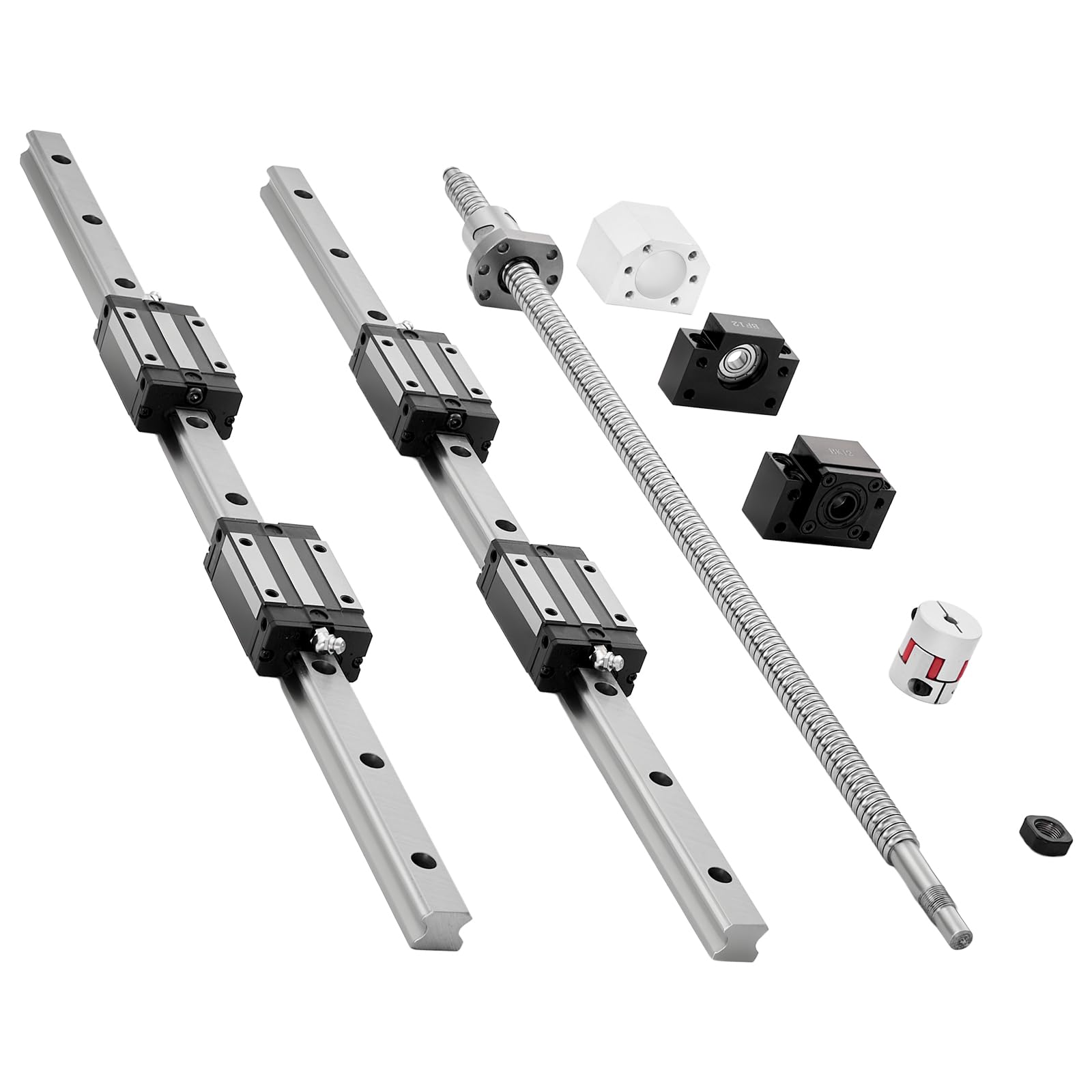 VEVOR Linearführungen, HGR20, 2er-Pack 600 mm Linearschienen, 1x Kugelumlaufspindel, 4x. Gleitblöcke, mit BF12/BK12 Endstütze, Kupplung & Muttergehäuse, für DIY-CNC-Fräsmaschinen & Drehmaschinen