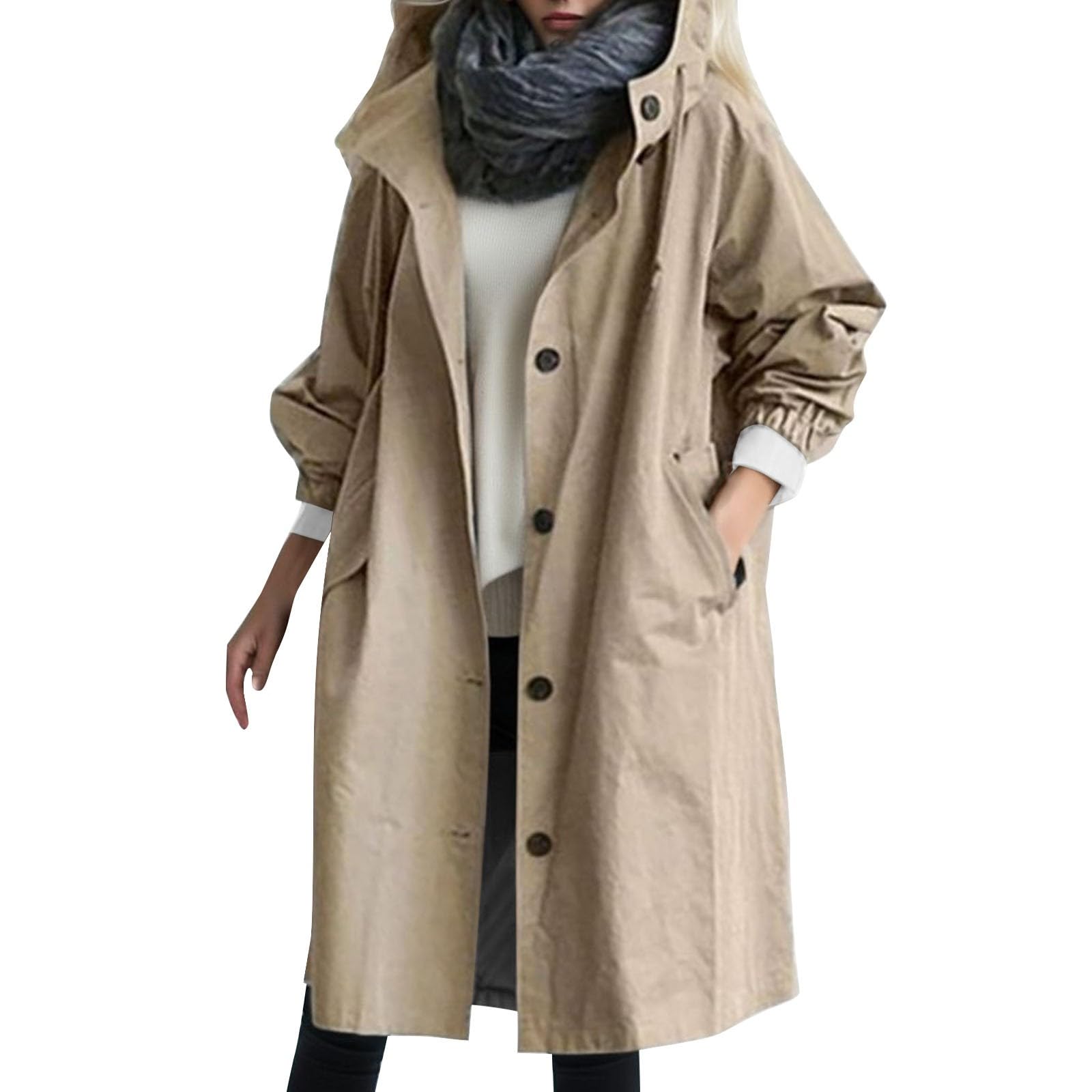 Trench Coat Women Trendy Oversized Fall Single Breasted Causal Hooded Long Jackets Windproof Overcoat Outerwear Plus