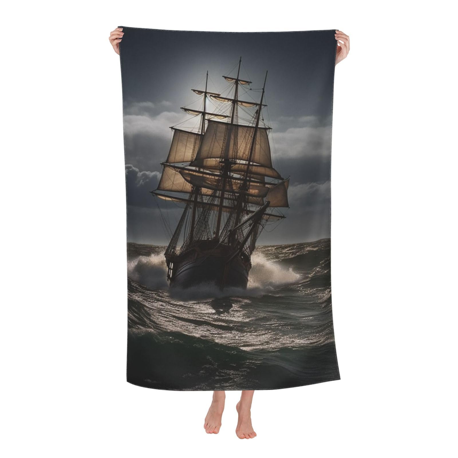 FodPand Sailing Ship in Storm Beach Towel Oversized 52 x 32 in Sand Free Pool Swim Towels for Adult Travel Blanket Lightweight Quick Dry Absorbent Bath Towels Cruise Vacation Accessories