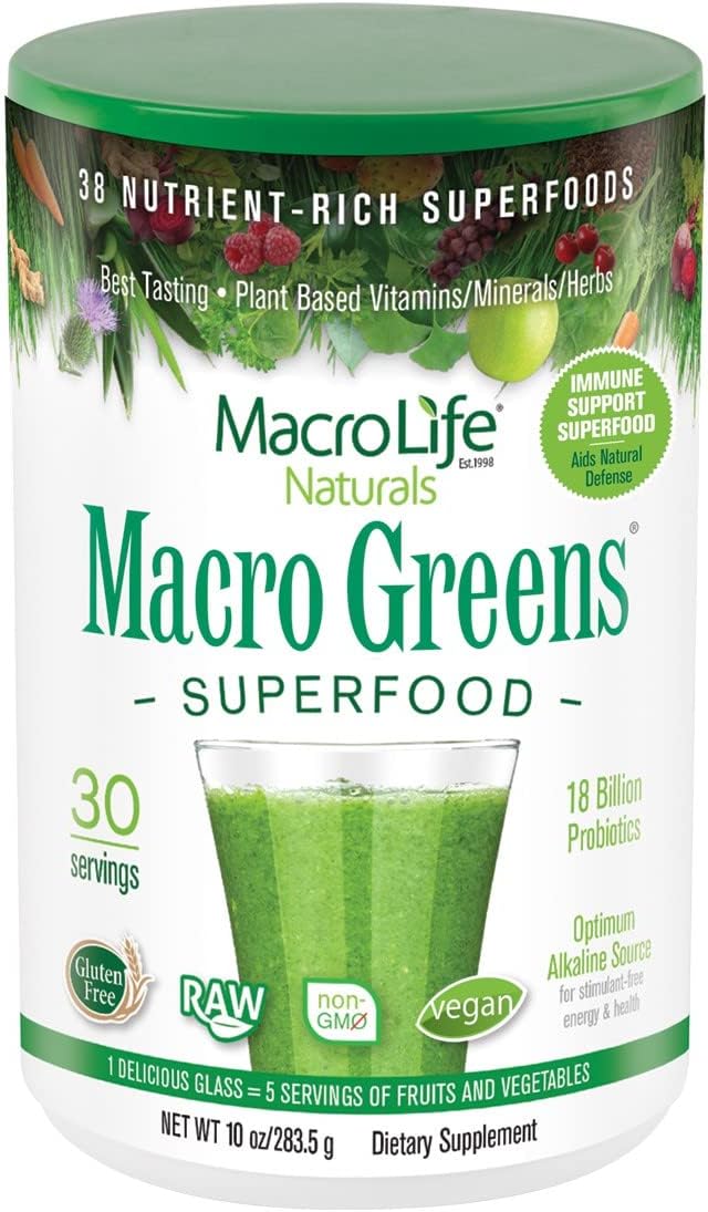 Macro Greens Superfood - 18 Billion Non-Dairy Probiotic Cultures - Raw Green Superfood With Concentrated Polyphenols - Certified Organic Barley Grass Powder - 5+ Servings Of Fruits & Vegetables