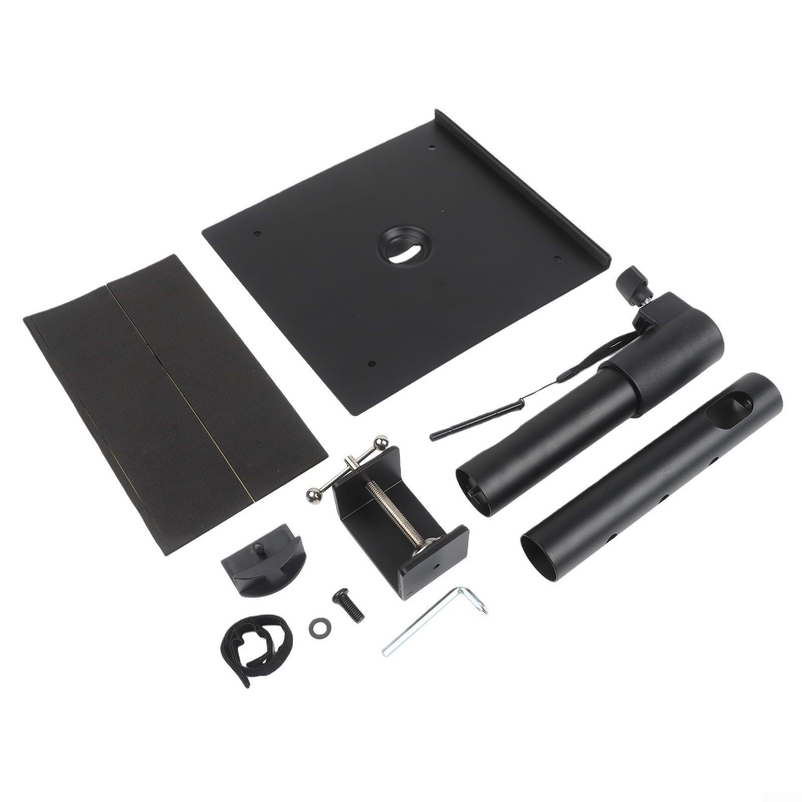 Supporto per altoparlante da scrivania con morsetto, regolazione dell'altezza e snodo girevole, include supporto per cuffie, design robusto, nero (singolarmente)