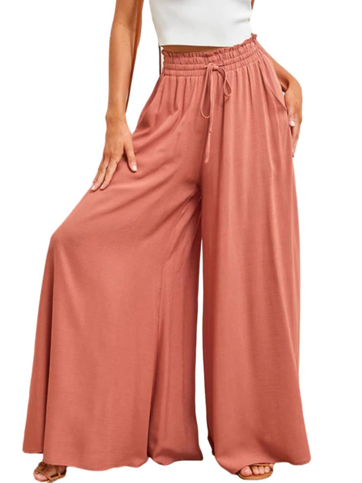 ALSOGO Pantaloni larghi da donna Locker Vita Alta Palazzo Elegante Tinta unita Pantaloni con Tasca Coulisse