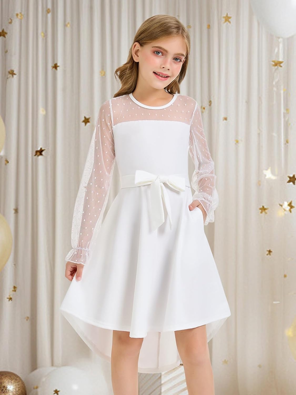 Girls Dresses Puff Long Sleeve Mesh A Line Casual Formal Party Dresses Belted Dress with Pockets 5-14 Years - Image 2