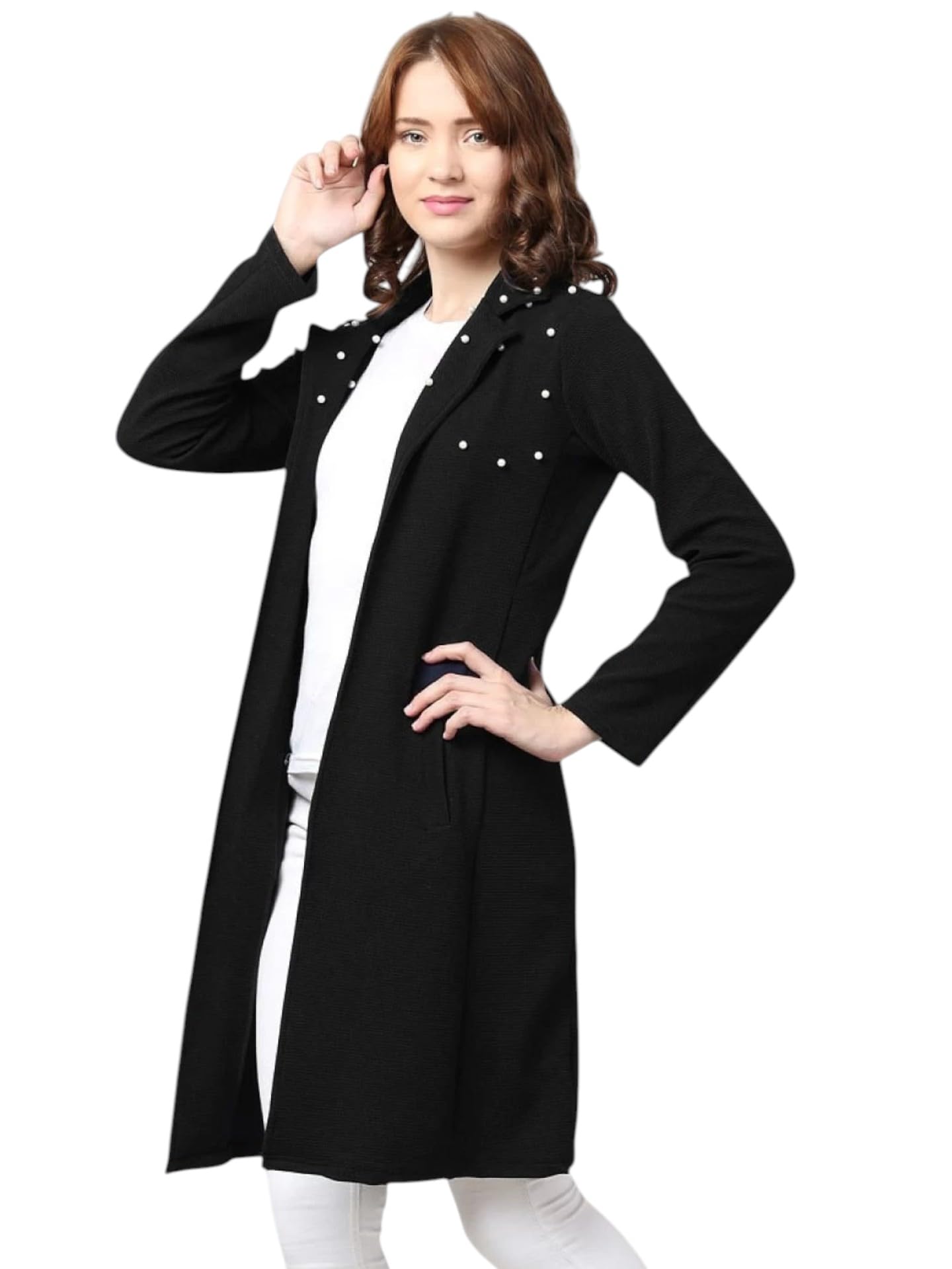 Stylish Black Long Shrug with Pearl Detailing for Women