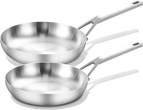 Yeksum Sartén de acero inoxidable sin revestimiento de tres capas, 10 + 12 pulgadas, sartén de chef, sartén, sartén de inducción, apta para