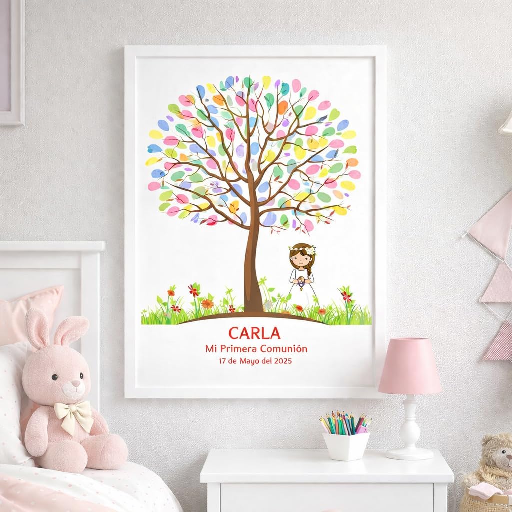 Cuadro Árbol de Huellas Comunión Niña Personalizado Vintage – Libro de Firmas Comunión con Tintas e Instrucciones – Regalo Comunión Original - Recuerdo Invitados