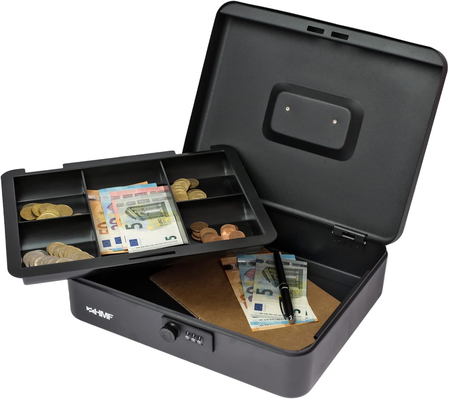HMF Cash Box open with coin insert lifted, showing items underneath