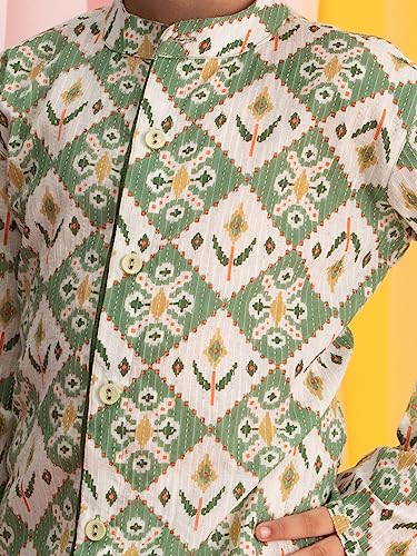 Image of VASTRAMAY Boys Cotton Kurta Pyjama Set - Kantha Work Ethnic Wear for Janmashtami, Rakhi, Diwali & Festive Celebrations