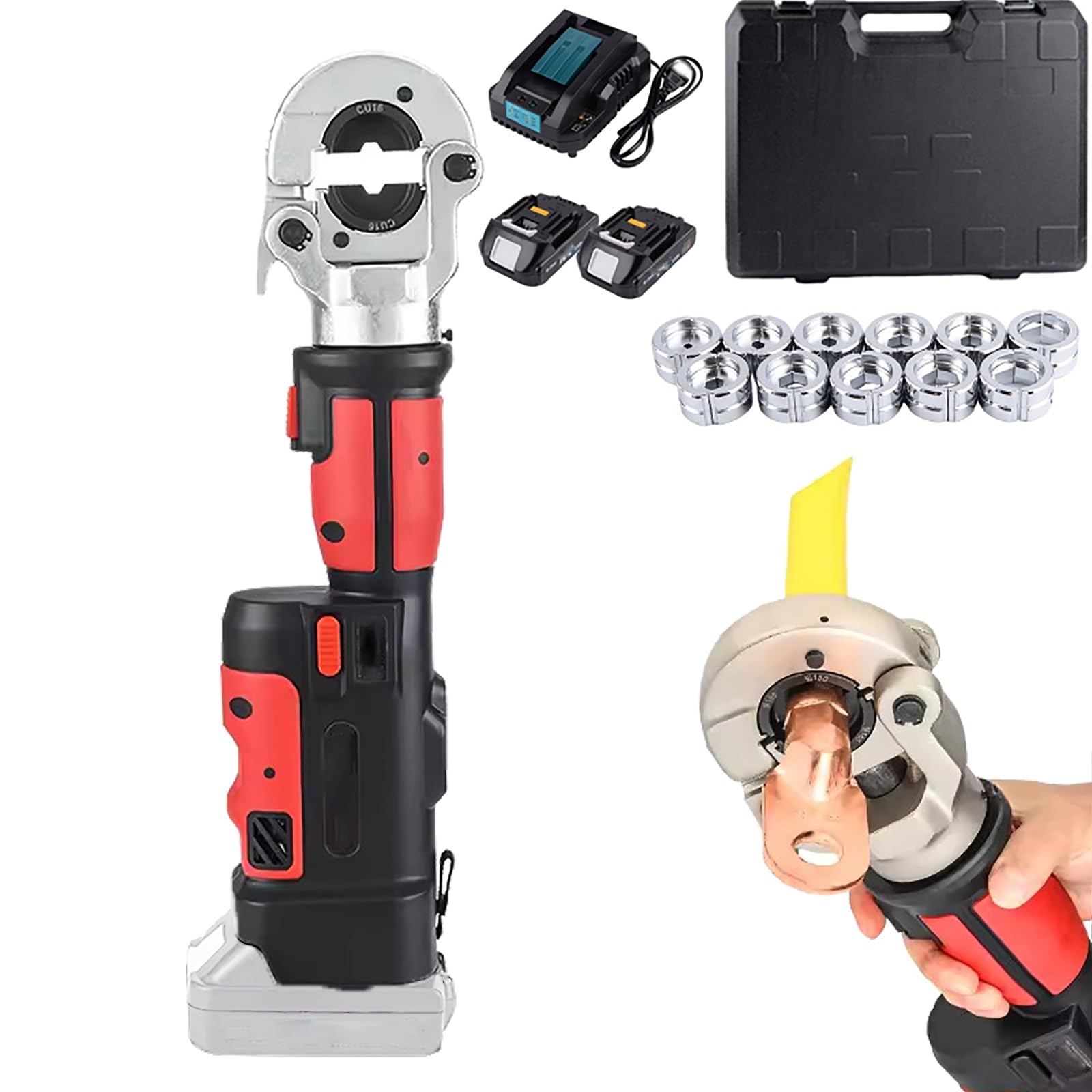 Myuyee Red Electric Hydraulic Crimping Tool Kit With 12 Pairs Of Dies, Rechargeable, For Electrical Terminals & Wires 16-300Mm2 (Red)