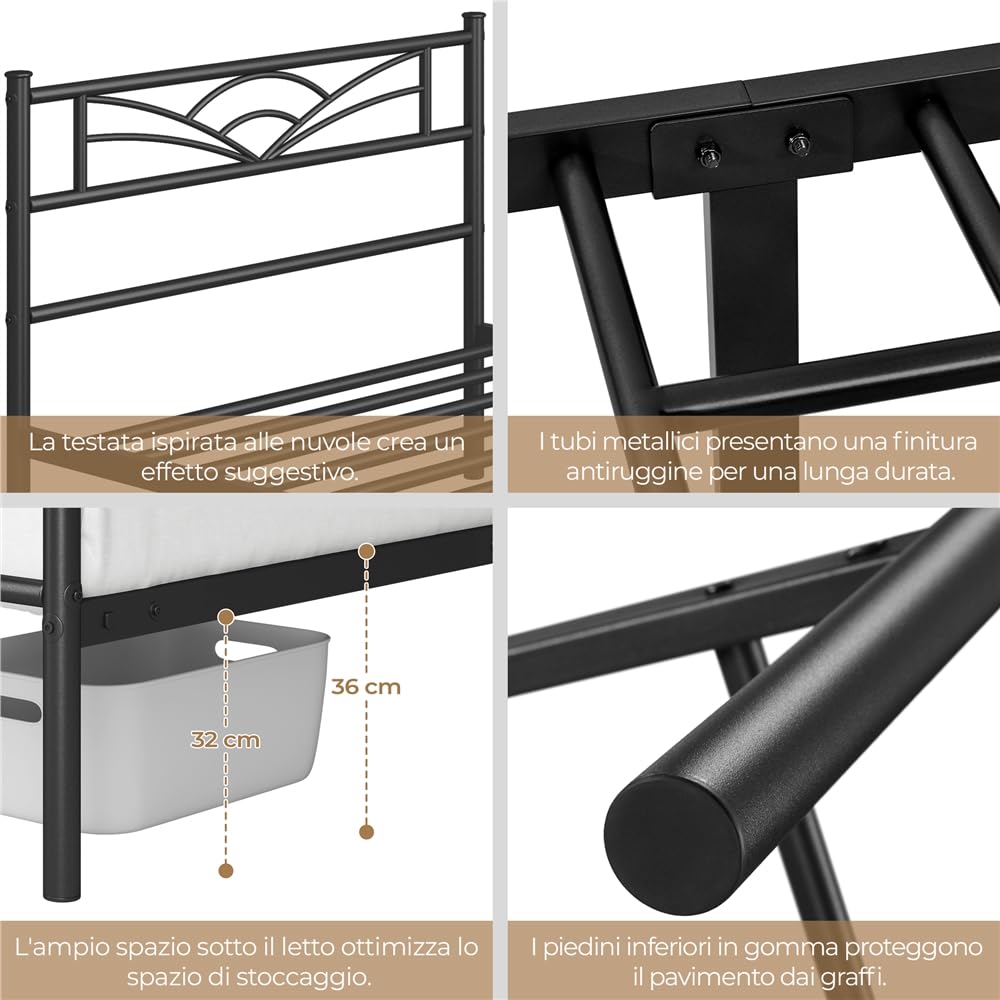 Yaheetech Set di 2 Struttura Letto Singolo in Ferro con Spazio Aggiuntivo Testiera a Forma di Nuvole Camera da Letto Ospiti Soggiorno Nero 90 x 200 cm