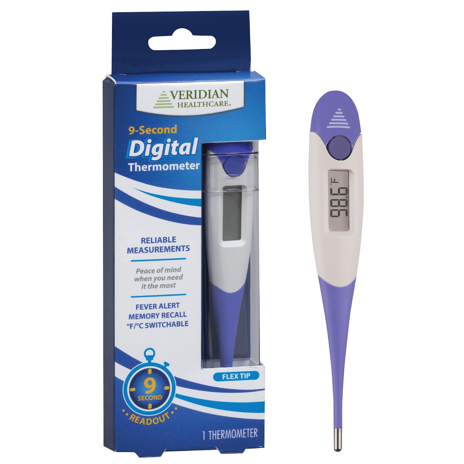 Veridian Digital Thermometer | 9-Second Readout | F C Temperature Modes| Flexible Tip | Hygienic Water-Resistant Easy Cleaning | Storage Case + Instructions Included