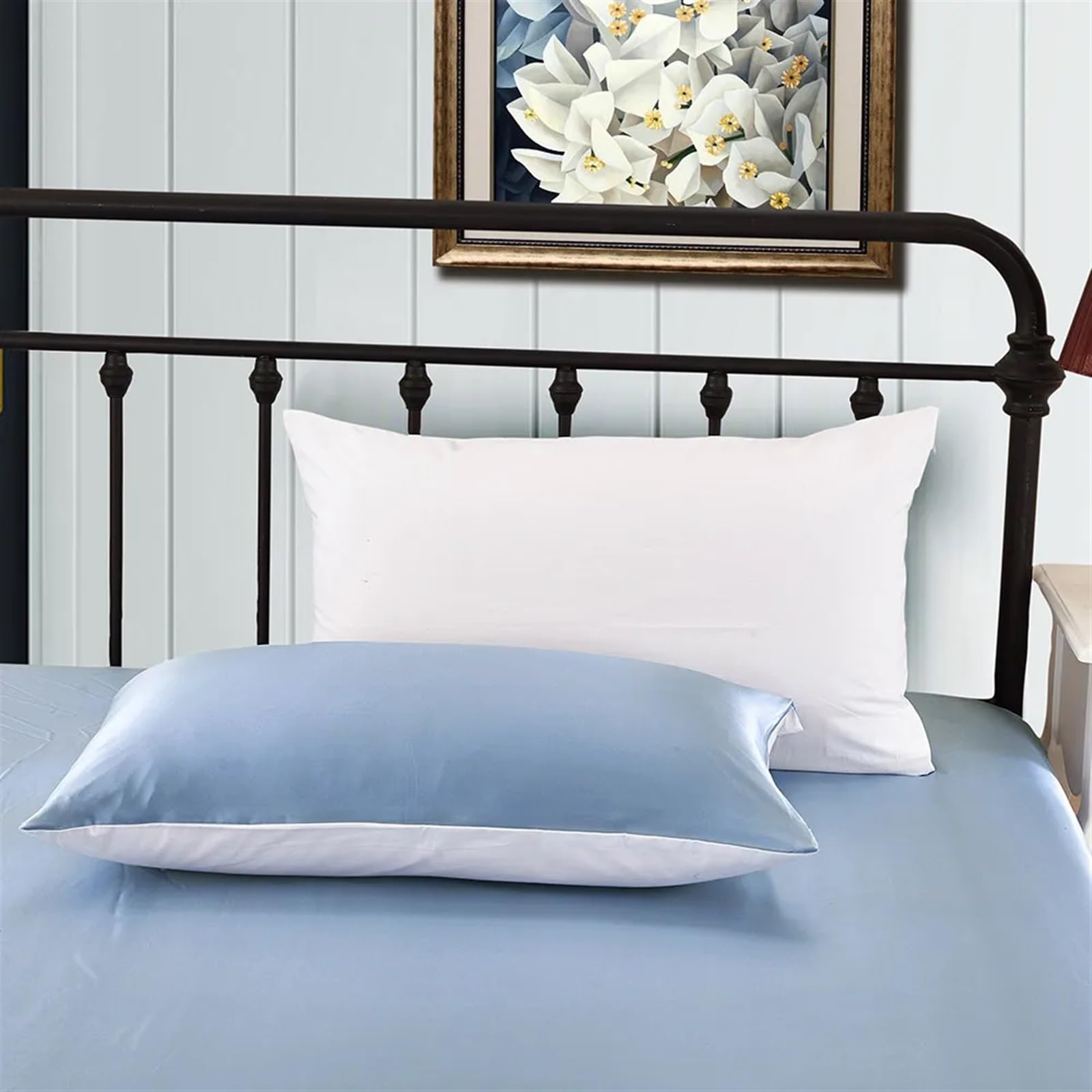Funda de Almohada Seda con Algodón for Cabello 100 Puro Lujo Cremallera Oculta Hipoalergénica para Cuidado del Cabello(Light Blue,40x70cm)