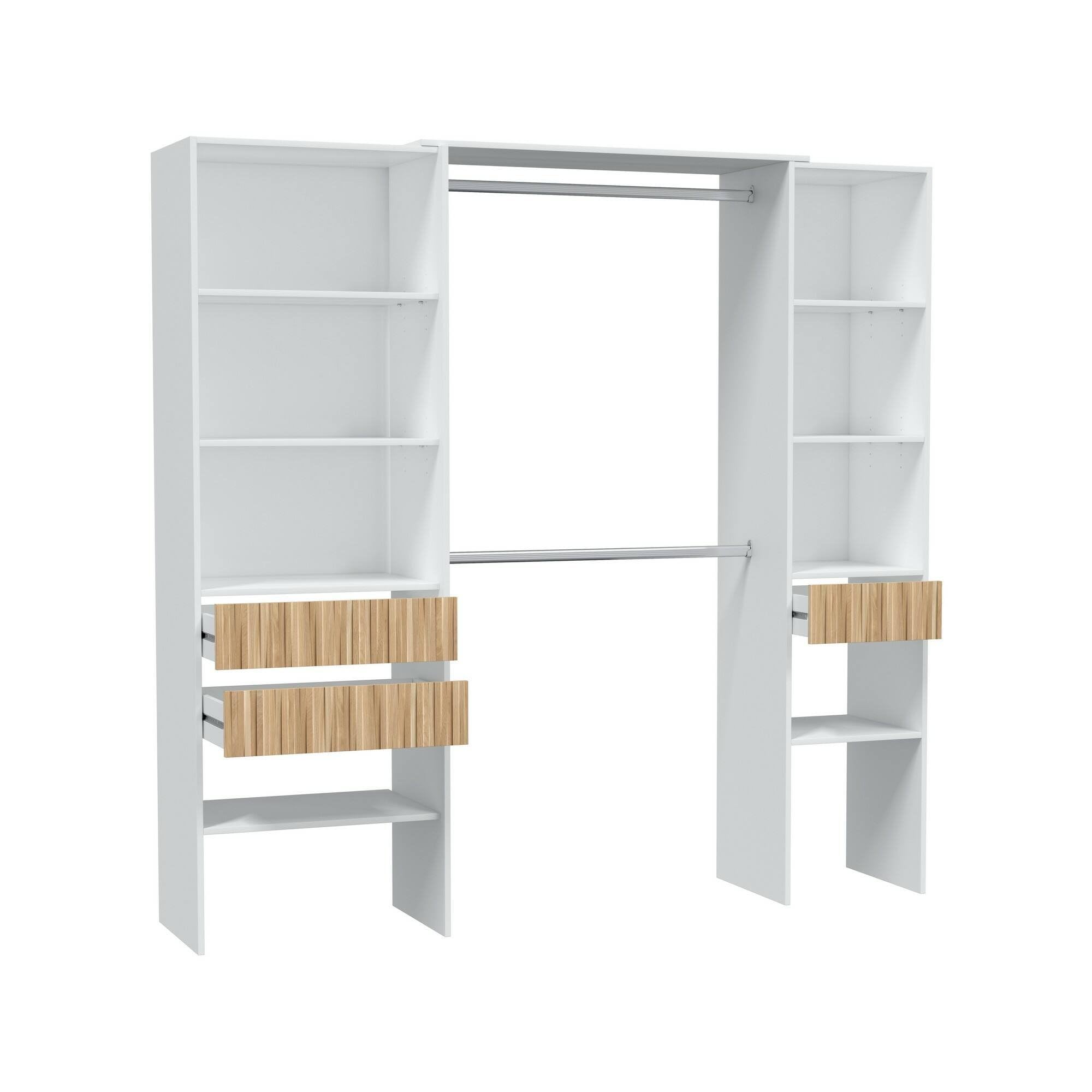Guardaroba Grande Worland, Mobile Camera da Letto, Armadio Appendiabiti con Ripiani e 3 cassetti, 196x40h187 cm, Bianco e Rovere