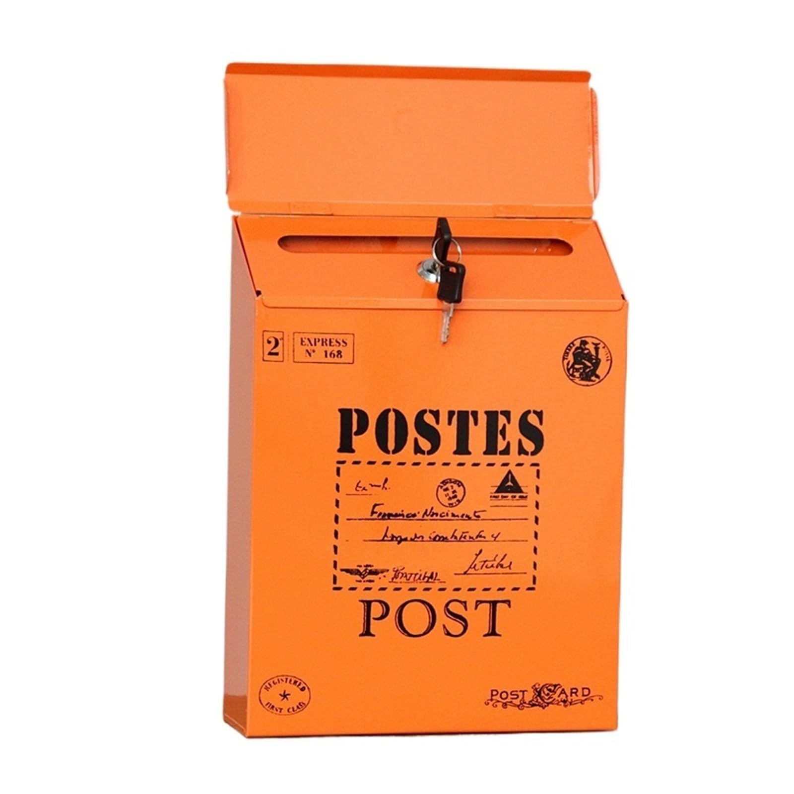 Locking Mail Box for Outside, Decorative Iron Wall Mount Mailbox & Magazine Holder Outdoor Multicolor(Orange Type1)
