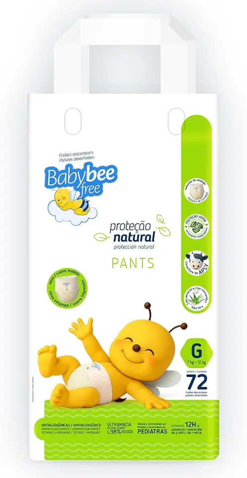 Fralda Proteção Natural PANTS | Baby Bee Free | Fralda Shortinho | Hipoalergenica | Livre de APLV (G)