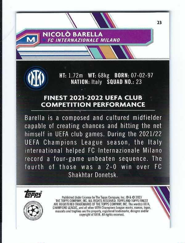 NICOLO BARELLA 2022-23 Topps Finest UEFA Champions League Club Competitions Soccer #23 BLUE REFRACTOR PARALLEL Card #132 of only 150 Made! Italy FC Inter Milan