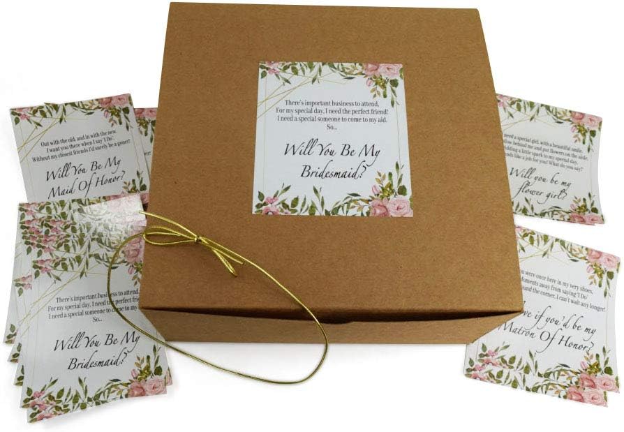 Will You Be My Bridesmaid Gift Boxes (Set of 10 Kraft Boxes 8x8x3.5 Empty Boxes) & 16 Poem Proposal Labels to Ask 10 Bridesmaids, 2 Maid of Honors, 2 Marton of Honors & 2 Flower Girls & Gold Strings.